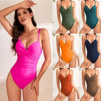Women's High Waist Pleated One-Piece Swimsuit Solid Color