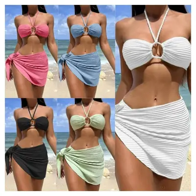 Women's Pleated 3-Piece Bikini Set with Tie Waist and Front Cutout