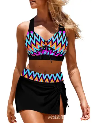 Women Plus Size High Waist Split Bikini Set with Vibrant Zigzag Print