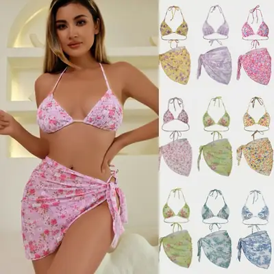 Women Floral Bikini Set with Gauze Skirt Split Holiday Swimsuit