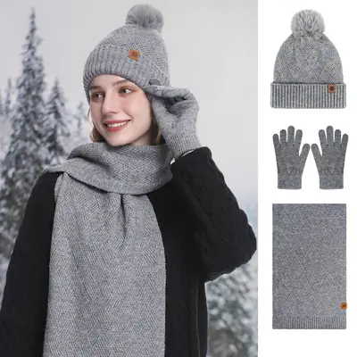 Women Winter 3-Piece Fleece Set Herringbone Pom Pom Gloves