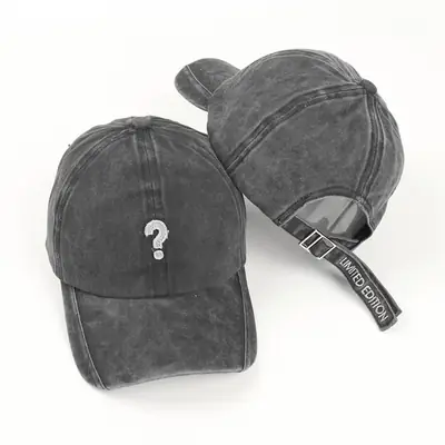 Retro Wash Denim Cap with Question Mark Embroidery
