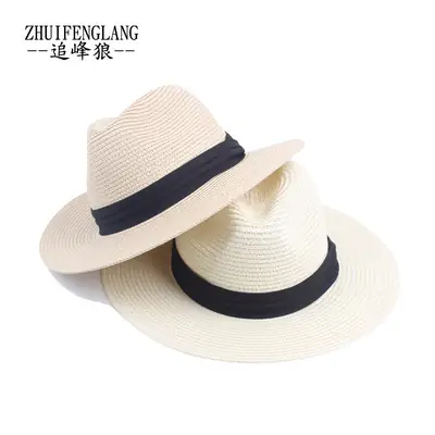 Men Straw Hat with Black Ribbon, Lightweight & Collapsible, Wide Brim, UV Protection
