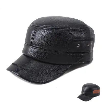 Men's Black Leather Cap with Ear Protection Winter Warm