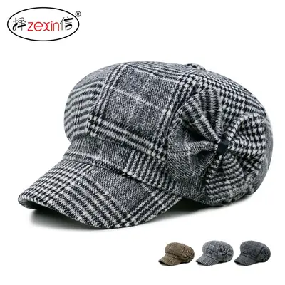 Men's Herringbone Plaid Cap Gray Bow for Winter