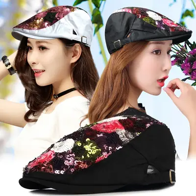 Floral Sequin Cap Adjustable Strap for Women Spring Autumn