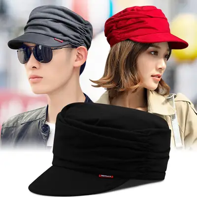Men & Women Pleated Hat Black Red Adjustable