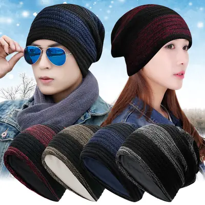 Winter Knitted Wool Cap for Men Women Striped Korean Style