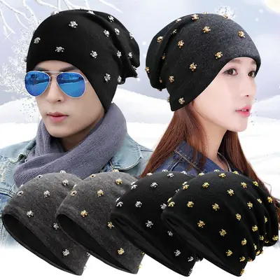 Black Gold Skull Rivet Knit Beanie Hat for Men Women Autumn Winter