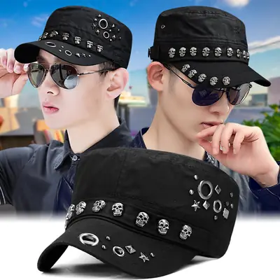 Black Skull Rivet Flat Top Hat for Men Women Street Style
