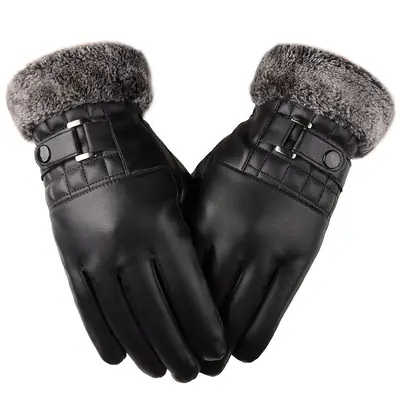 Men's Black Leather Winter Gloves with Touch Screen & Buckle