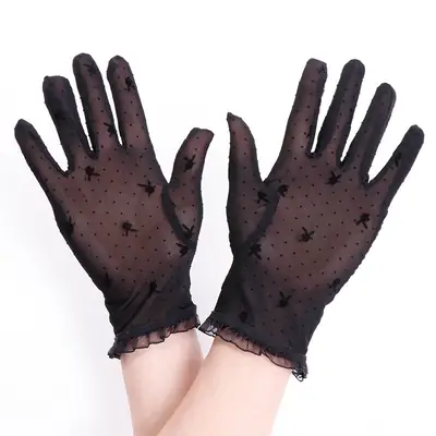 Black Stretch Lace Gloves for Women Wedding Party Wear