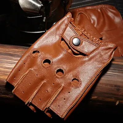 Sheepskin Gloves for Men Brown Open Finger Design