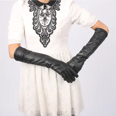 Black Leather Long Gloves for Women Wedding Party Office Wear