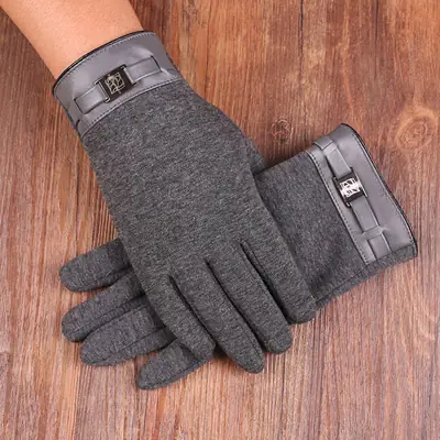 Men's Touch Screen Winter Gloves Gray Leather Cuff