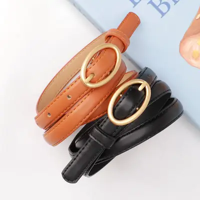 Women Thin Belt with Oval Buckle Black & Brown