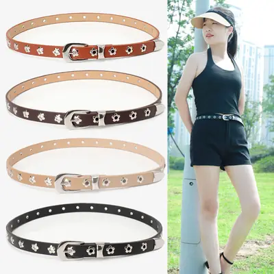 Women Floral Buckle Belt Black Brown Beige