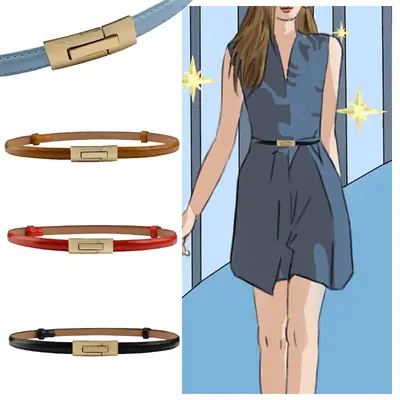 Women's Korean Style Waist Belt with Gold Buckle, Adjustable, Multi-Color Leather