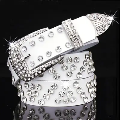 White Rhinestone Leather Belt for Women