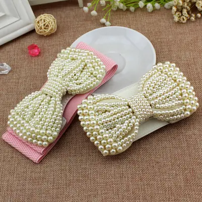 Women Elastic Waist Belt with Pearl Bow Pink