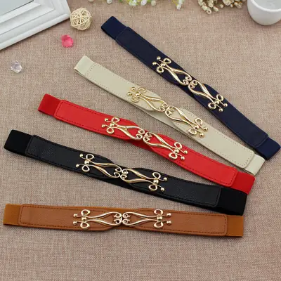 Women Elastic Fashion Belt with Gold Buckle, 65cm Black, Red, Brown, Navy, Beige