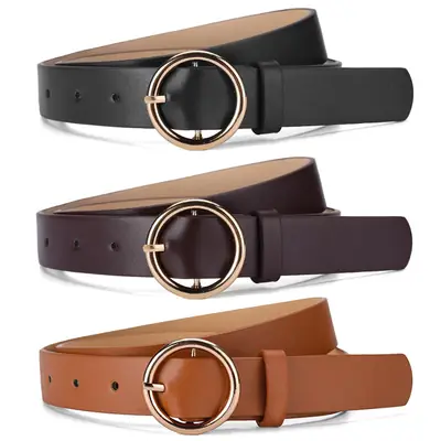 Women PU Leather Round Buckle Belt Black Brown Tan 105cm