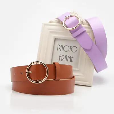 Women Round Buckle Casual Jeans Belt Purple Brown