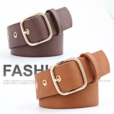 Women Wide Casual Belt with Gold Pin Buckle Brown