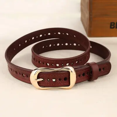 Women's Red Leather Star Cutout Belt with Gold Buckle