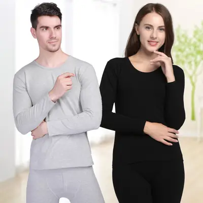 Women Lycra Cotton Long Johns Suit Black Grey Comfortable Round Neck Underwear