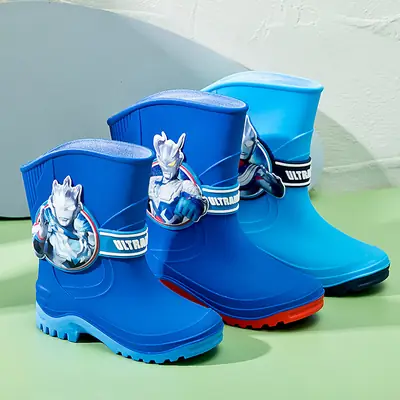 Children's Blue Rain Boots with Cat Design, Non-Slip Sole, Lightweight