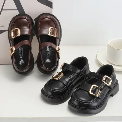 British Style Leather Shoes for Girls Black Gold Buckles