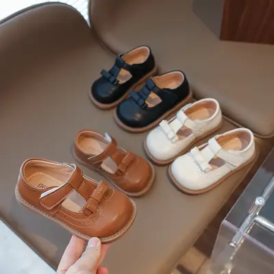 2025 Spring Kids Bow Shoes Black White Brown Leather