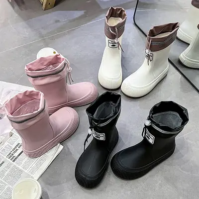 Kids Rain Boots Fleece Lined Non-Slip Rubber Pink Black White