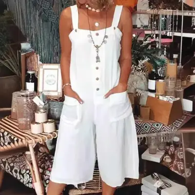 White Cotton Casual Strap Jumpsuit for Women
