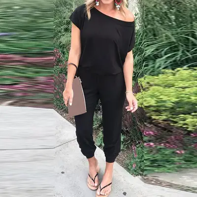 Women Loose Slant Shoulder Jumpsuit Black Summer