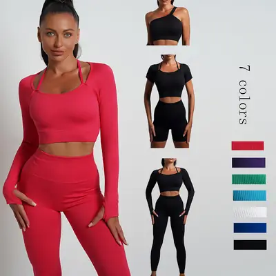 Women Seamless Yoga Set Long Sleeve High Waist Black