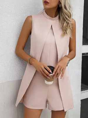 Women Pink Sleeveless Stand Collar Jumpsuit Summer Casual
