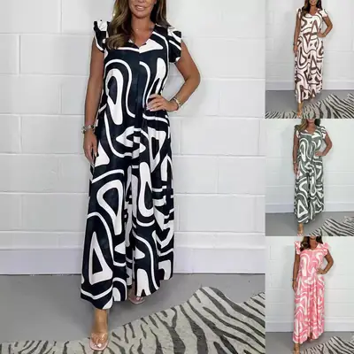 Women Printed Wide-Leg Jumpsuit Summer Casual Black White