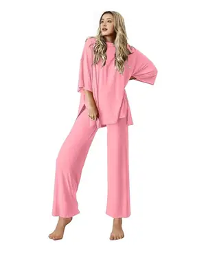 Pink Loose Women's Sleepwear Set with Short Sleeves