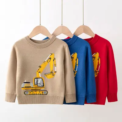 Children's Sweaters with Excavator Print Red Blue Beige