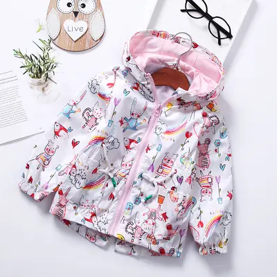 Kids Hooded Cartoon Print Jacket Pink White