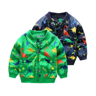 Kids Dinosaur Print Jacket Green Blue Zip Up Collar