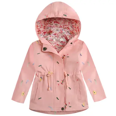 Pink Hooded Windbreaker for Girls with Embroidered Flowers
