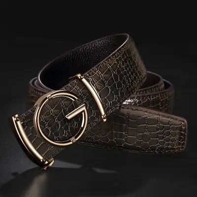 Men's Crocodile Skin G Buckle Belt Black Gold
