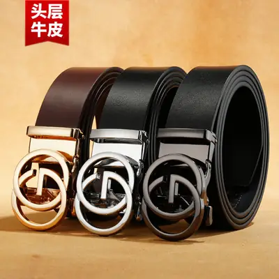 Men's First Layer Cowhide Automatic Buckle Belt Black Gold Silver
