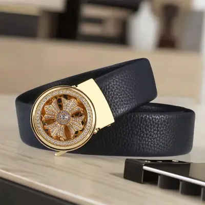 Men's Black Leather Belt with Gold Rotating Buckle