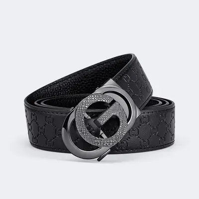Men Black Embossed Automatic Belt Premium Cowhide Casual