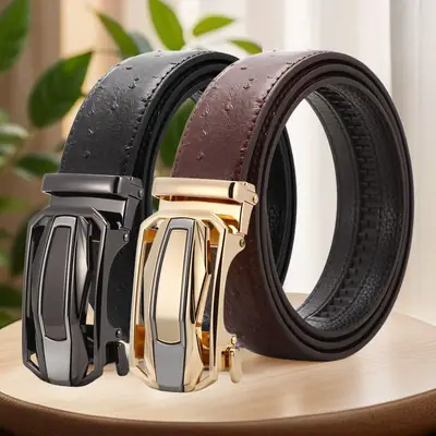 Men's Automatic Buckle Leather Belt Gold Brown Ostrich Pattern