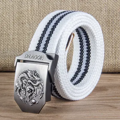 Men Canvas Belt with Dragon Buckle White Black Striped
